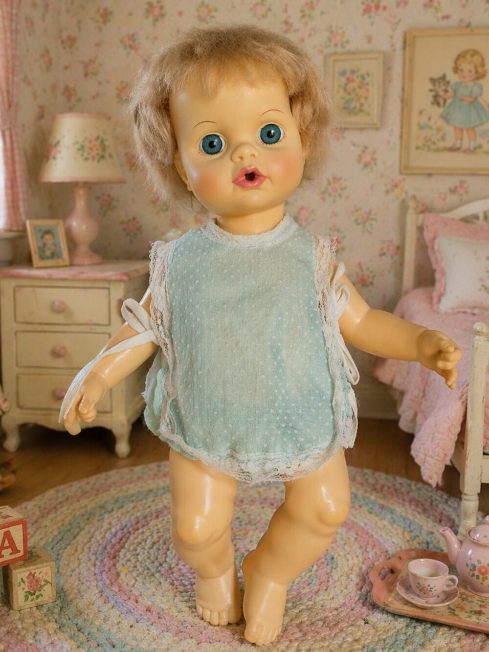 Ideal Toy Corp 1971 Tiny Tears 12" Baby Doll Aqua Polka Dot Archival Cottagecore